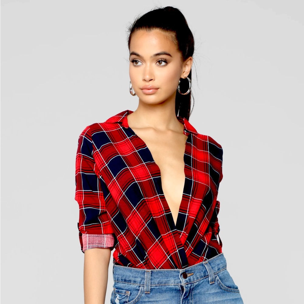 Fashion Nova Plaid Collared Surplice Top NWT